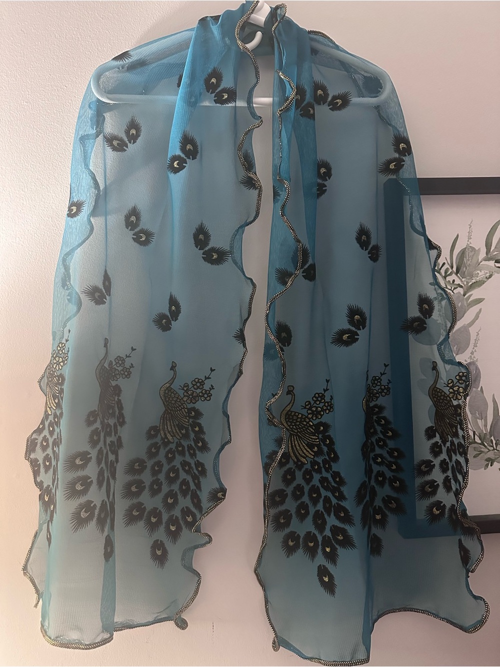Teal Sheer Scarf with Black & Gold Peacock Embroidery